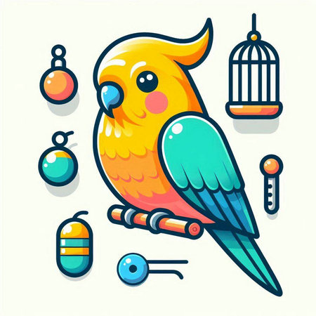 Cute cartoon parrot with different icons on white background. Vector illustration.のイラスト素材