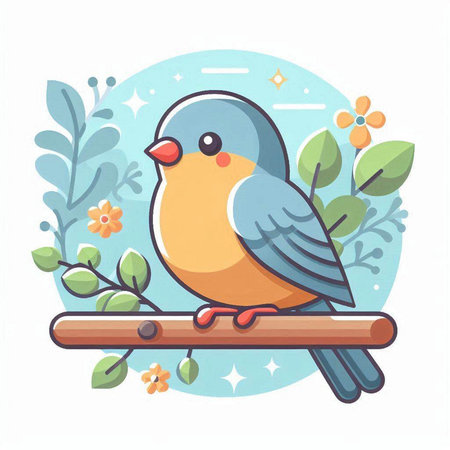 Cute cartoon bird sitting on a branch. Colorful vector illustration.のイラスト素材