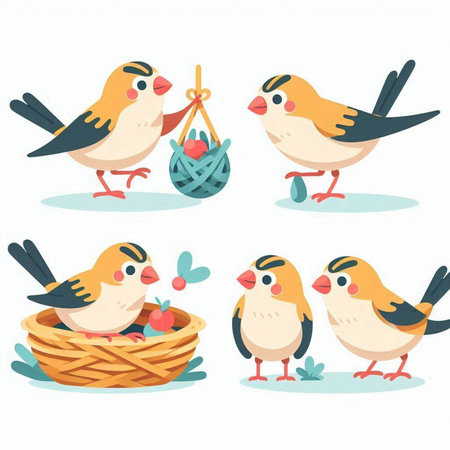 Set of cute birds in a wicker basket. Vector illustration.のイラスト素材
