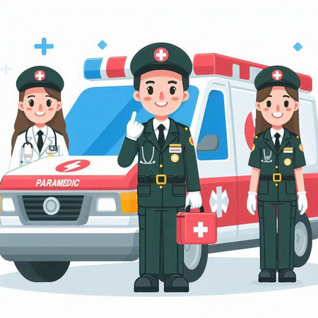 Vector illustration of a doctor and nurse in uniform standing in front of ambulance.のイラスト素材