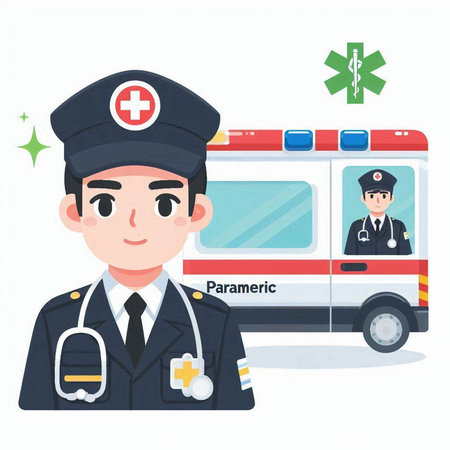 Ambulance driver and ambulance. Vector illustration in flat style.のイラスト素材