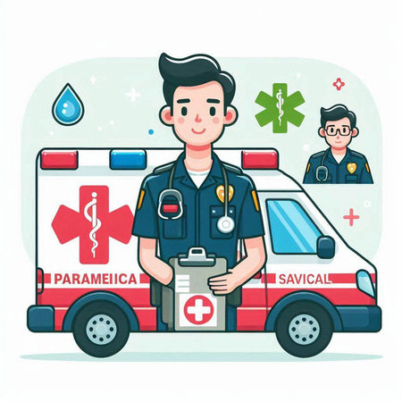 Ambulance and paramedic on white background. Vector illustration.のイラスト素材