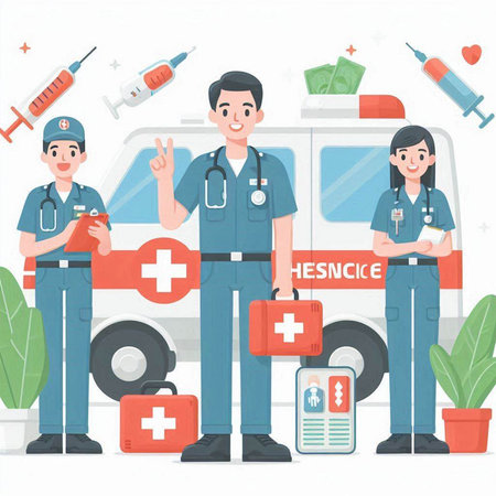 Two doctors and a nurse on the background of the ambulance. Vector illustrationのイラスト素材