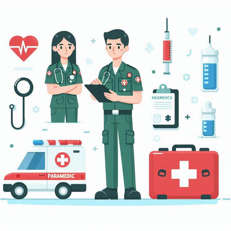 Vector illustration of a doctor and nurse in uniform with first aid kitのイラスト素材