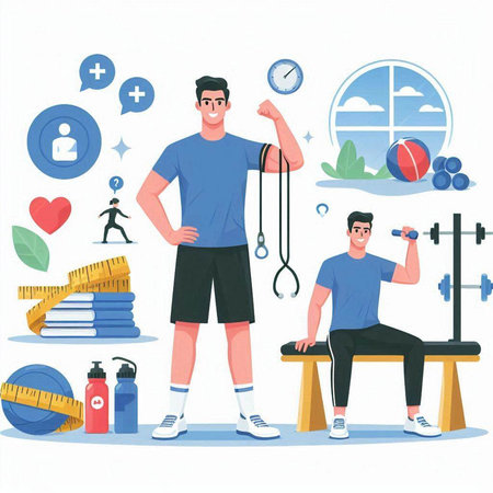 Fitness and healthy lifestyle. Vector illustration in flat cartoon style.のイラスト素材