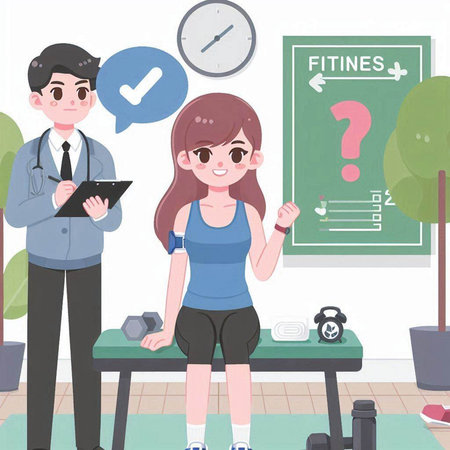 Illustration of a young woman doing fitness exercises with a personal trainerのイラスト素材