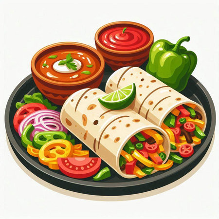 Mexican food vector illustration. Traditional mexican burritos dish.のイラスト素材