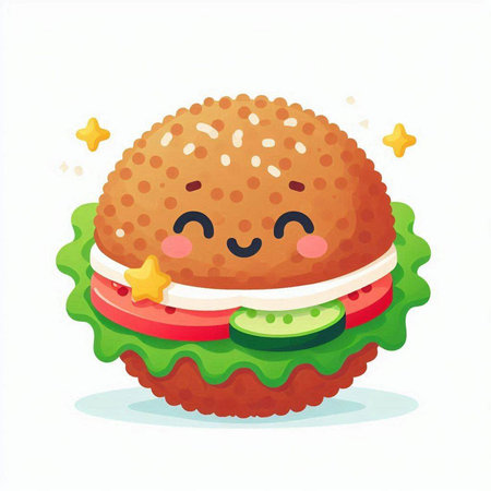 Cute cartoon burger character. Vector illustration of fast food character.のイラスト素材