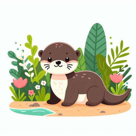 Cute otter sitting on the sand in the garden. Vector illustrationのイラスト素材