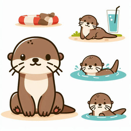 set of cute otters on the beach, vector illustration, epsのイラスト素材