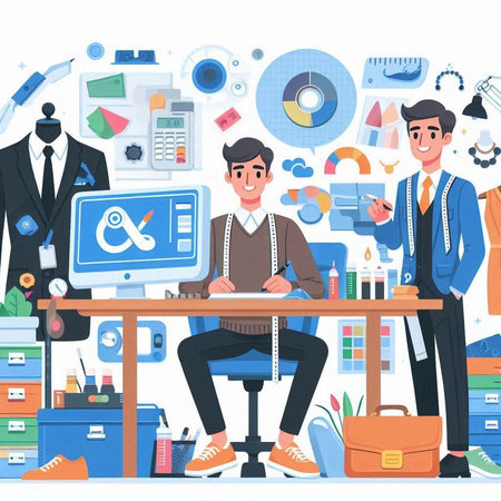 Businessman working in office. Cartoon illustration of businessman working in officeのイラスト素材