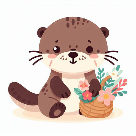 Cute otter with basket of flowers. Vector illustration in cartoon style.のイラスト素材