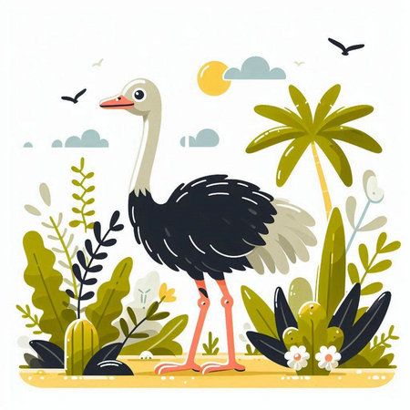 Vector illustration of ostrich on the background of tropical plants and palm trees.のイラスト素材