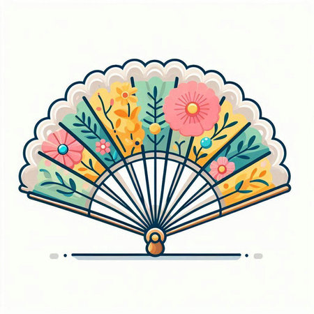 Hand fan with flowers and leaves. Vector illustration in flat style.のイラスト素材