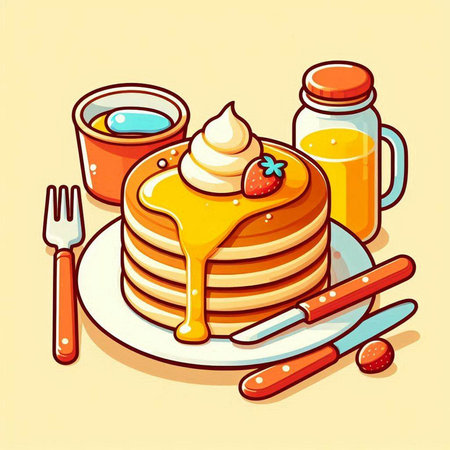 Pancakes with butter, honey and strawberry. Vector illustration.のイラスト素材