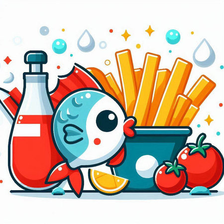 Illustration of Funny Fish with Fries and Bottle of Ketchupのイラスト素材