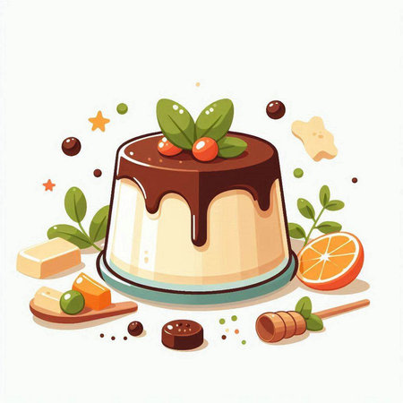 vector illustration of a chocolate panna cotta with berries and mintのイラスト素材