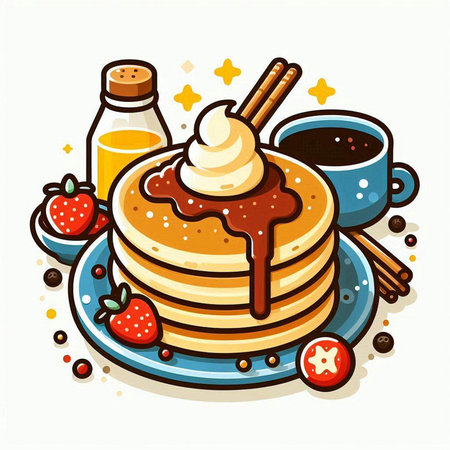 Pancakes with ice cream and chocolate syrup. Vector illustration.のイラスト素材