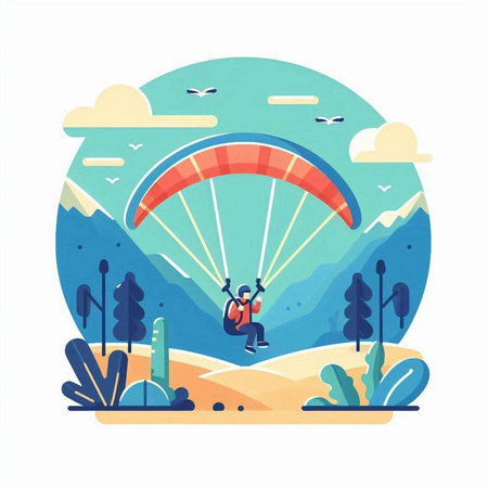 Paraglider flying in the sky. Paraglider flying in the mountains.のイラスト素材