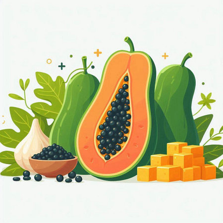 Papaya fruits and vegetables vector illustration. Healthy food concept.のイラスト素材