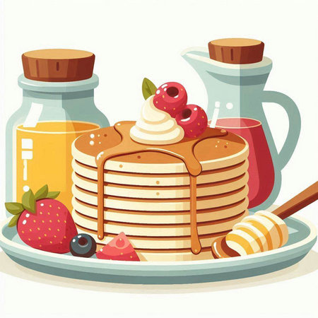 Pancakes with honey and berries on a plate. Vector illustration.のイラスト素材