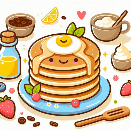 Illustration of a Stack of Pancakes Mascot with Frying Eggsのイラスト素材