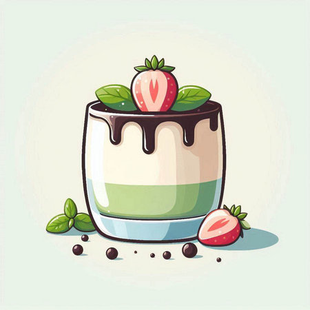 Chocolate pudding with strawberries on a light background. Vector illustration.のイラスト素材