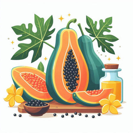 Papaya fruit and papaya juice on white background. Vector illustration.のイラスト素材