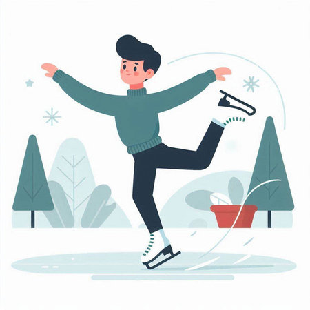 Young man ice skating in the park. Vector illustration in flat styleのイラスト素材