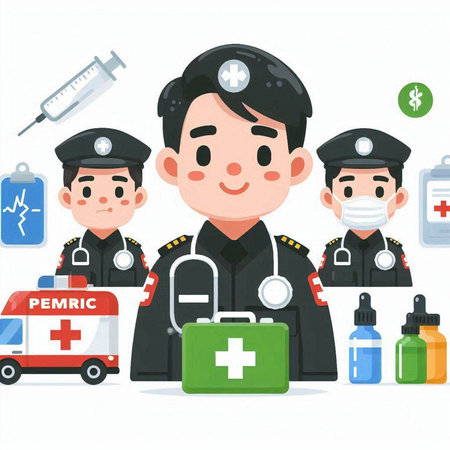 Vector illustration of a male nurse wearing a face mask and holding a first aid kitのイラスト素材
