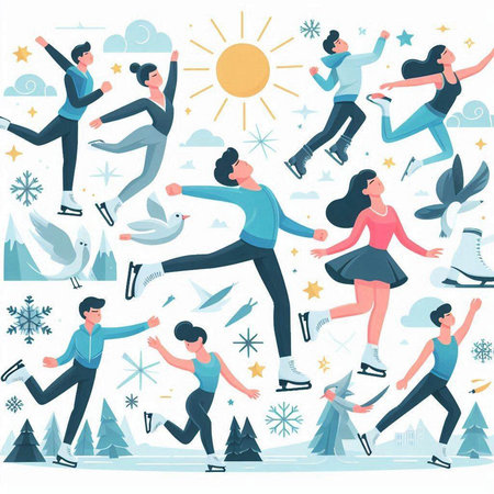 Winter sports. People ice skating, snowflakes and sun. Vector illustrationのイラスト素材