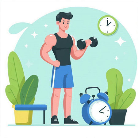 Man with dumbbells and alarm clock. Flat vector illustration.のイラスト素材