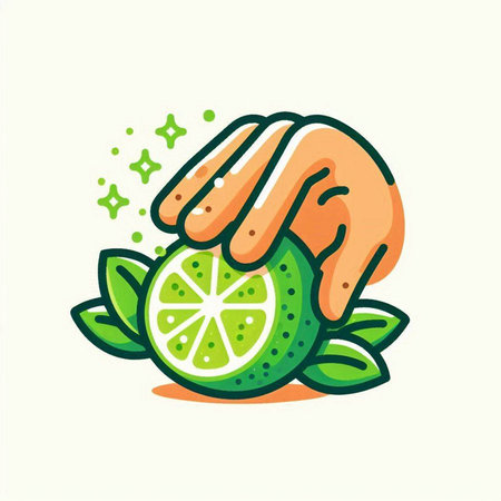 Citrus fruit icon. Hand with lime and mint leaves. Vector illustration.のイラスト素材