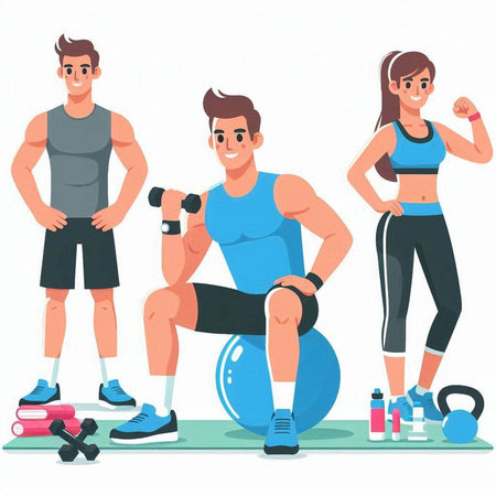Man and woman training with dumbbells in fitness club. Vector illustration.のイラスト素材