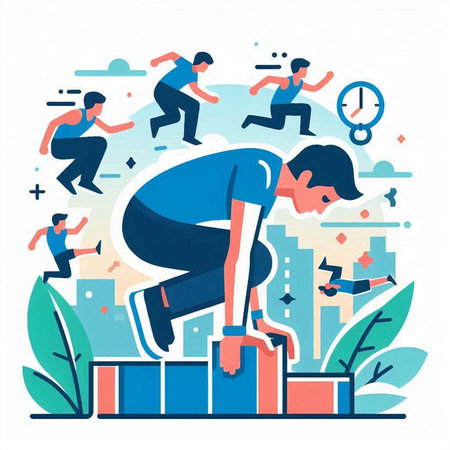 Vector illustration of a man running on a stadium. Flat style design.のイラスト素材