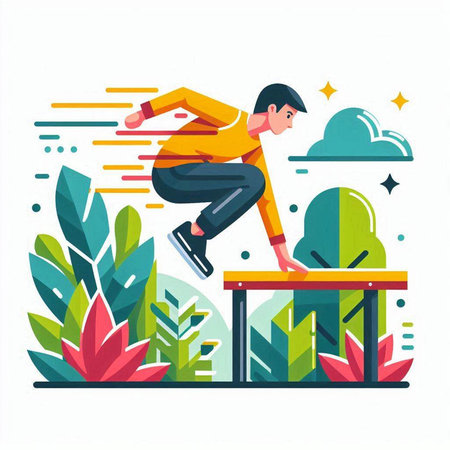 Handsome young man jumping over obstacle, flat vector illustration.のイラスト素材