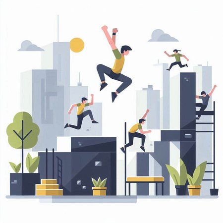 Business people jumping over a gap in the building. Vector illustration.のイラスト素材