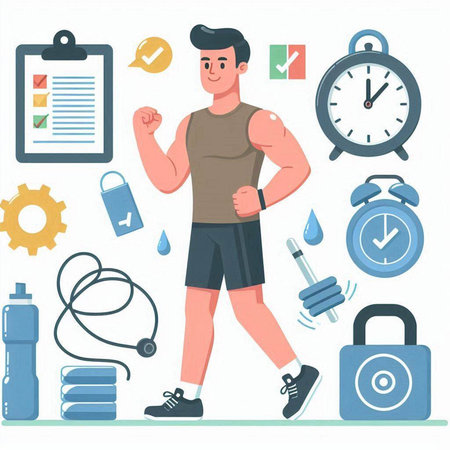 Fitness man in sportswear and equipment. Vector illustration in flat styleのイラスト素材