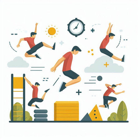 Vector illustration of people jumping in the air. Flat style design.のイラスト素材