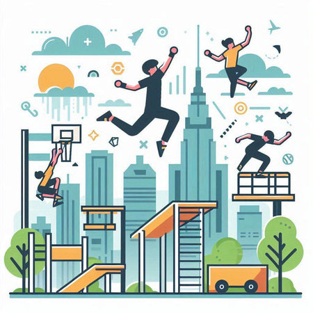 Vector illustration of people jumping in the park. Flat line art design for web, site, advertising, banner, poster, board and print.のイラスト素材