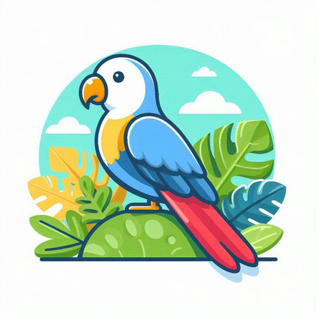 Colorful parrot sitting on a rock. Flat vector illustration.のイラスト素材