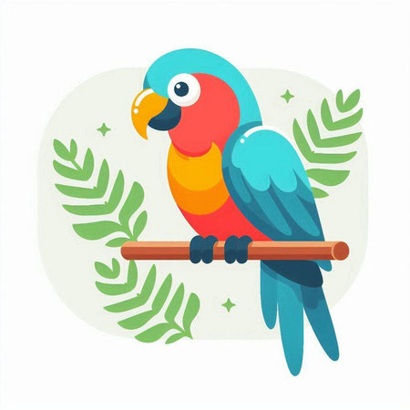 Cute parrot flat vector illustration. Tropical bird on a branch.のイラスト素材