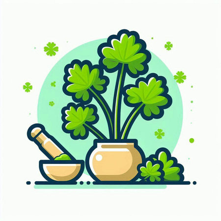 Parsley in mortar and pestle. St. Patrick's Day. Vector illustrationのイラスト素材
