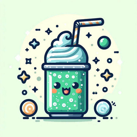 Cute Kawaii Green smoothie with ice cream. Vector illustration.のイラスト素材