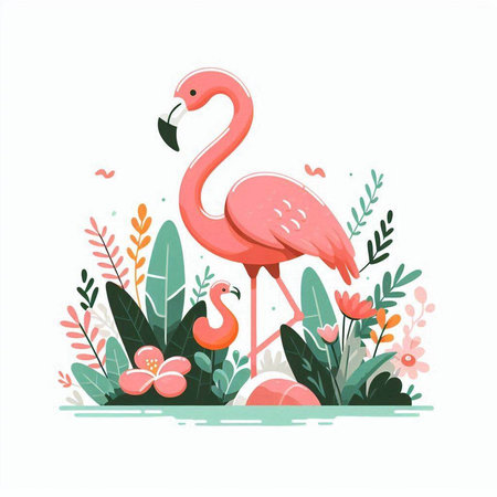 Cute pink flamingo and flowers. Hand drawn vector illustration.のイラスト素材
