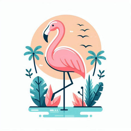 Pink flamingo on the background of tropical plants. Vector illustration.のイラスト素材