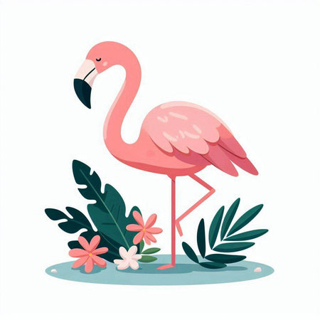 Pink flamingo and tropical leaves. Vector illustration isolated on white background.のイラスト素材