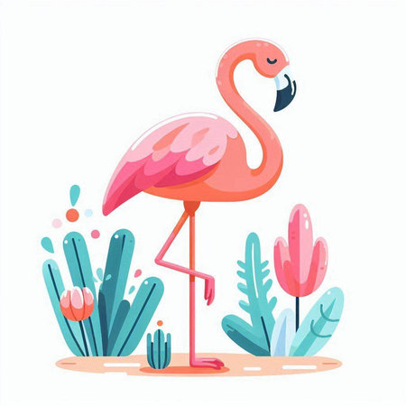 Pink flamingo on the background of tropical plants. Vector illustration.のイラスト素材