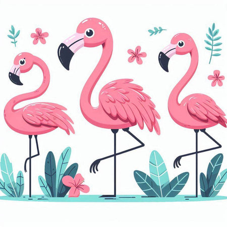 Flamingo vector illustration. Pink flamingo on background of tropical plants.のイラスト素材