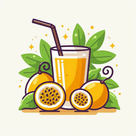 Passion fruit juice in a glass with a straw, vector illustrationのイラスト素材